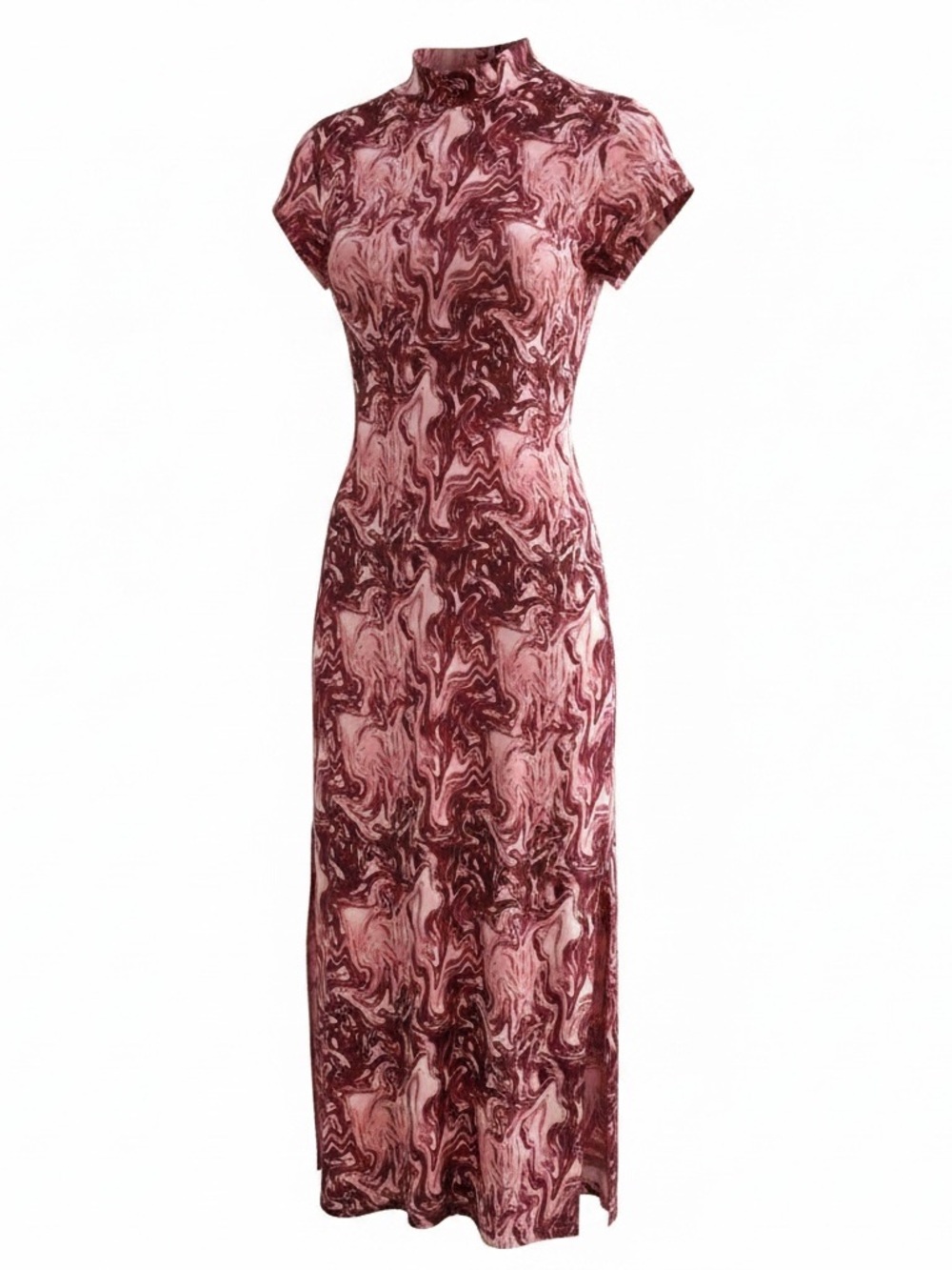 Urban Rose Marble Swirl Maxi Dress XL Mock Neck Double Side Slit Burgundy Pink